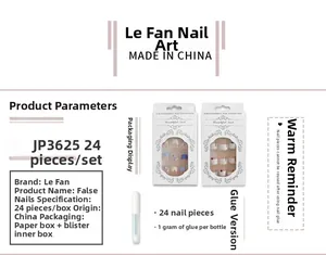 Detail view of milky white 3D press-on nail set including 24 pieces and glue in box