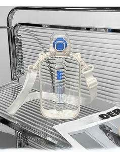 Detail of square sports water bottle with adjustable strap and tri-color locking lid