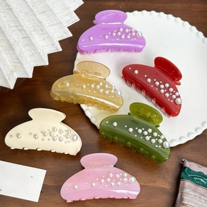 Elegant Acetate Hair Claw Clip With Faux Artificial Pearls And Rhinestones Non-Slip Shark Hair Clip For Women Daily Styling Accessory