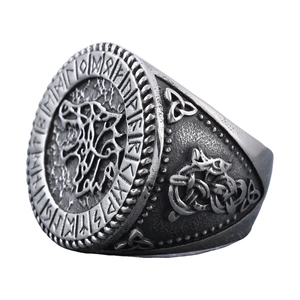 Vintage Viking wolf head ring for men in antique silver finish with Norse rune engravings