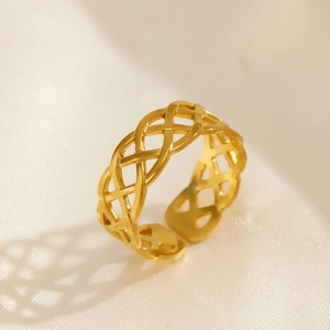 18K gold plated minimalist open ring featuring an intricate hollow woven pattern design