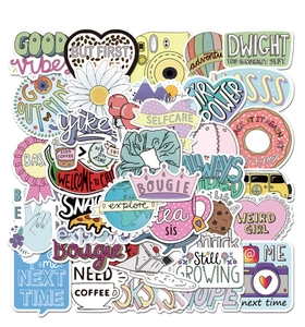 Close-up display of colorful VSCO vinyl stickers for luggage and laptop decoration