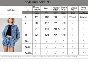 Size chart for cropped denim jacket style 12982 with detailed body measurements