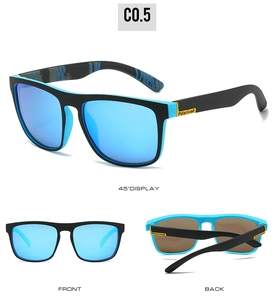 Multi-angle views of polarized sports sunglasses with black blue frames and mirror lenses