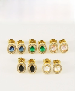 Detailed set of oval zircon earrings in five colors with micro-pave gold plated settings