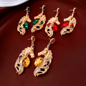 Boucles D'Oreilles Tête De Cheval Alliage Strass Pierre Précieuse Bijoux De Luxe Vintage Avec Tige En Argent Pour Femme