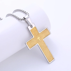 Vintage Stainless Steel Cross Pendant Necklace Engraved Spanish Padre Nuestro Religious Jewelry Gold And Silver Color