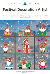 Detail of nine cartoon Christmas gnomes window stickers with Merry Christmas typography