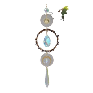 Rainbow crystal suncatcher with gold moon sun pendants and brown tiger eye stone ring