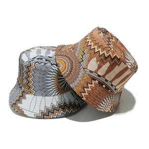 Bohemian geometric pattern bucket hats for women in grey and brown tribal prints