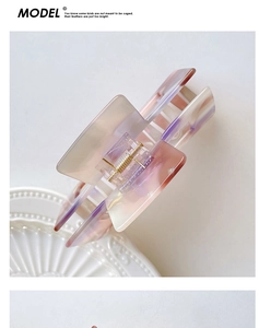 Macro detail of large acetate hair claw clip with gradient champagne and purple texture