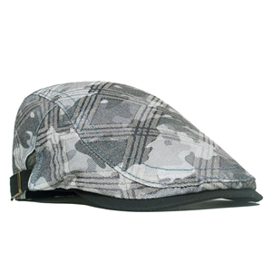 Classic grey plaid newsboy cap with adjustable metal buckle and black canvas peak detail