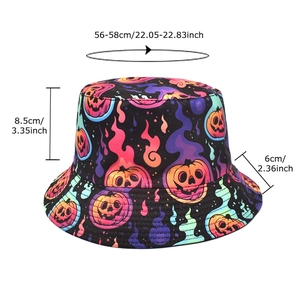 Halloween bucket hat with pumpkin prints and size chart details for men and women