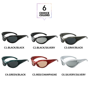 Detailed grid of Y2K futuristic sports sunglasses in six different vibrant colors