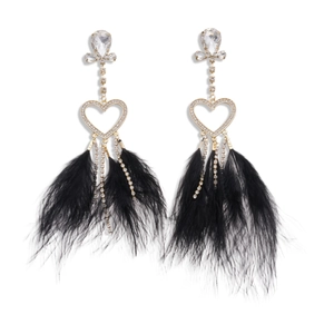Elegant gold earrings with sparkling crystals and long black feather tassel pendants