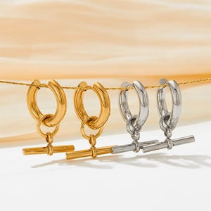 French Retro Stainless Steel T-Bar Pendant Hoop Earrings Vacuum Gold Silver Plated Geometric Drop Earrings For Women Jewelry