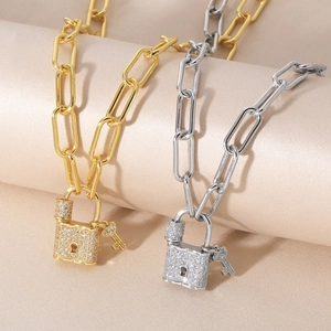 Paperclip Chain Necklace With Zircon Lock And Key Pendant Copper Gold Plated Trendy Jewelry For Women
