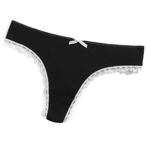 Black ribbed cotton thong with white lace trim and bow on white background