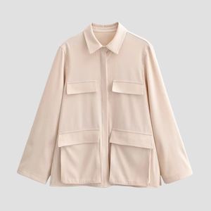Damen Langarm Utility Bluse Apricot Polyester Cargo Taschen Knopfleiste Revers Hemd Jacke Elegant
