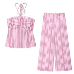 Damen Gestreiftes Neckholder Crop Top Und Weite Hose Lässig Sommer Streetwear Ärmellos Polyester Outfit