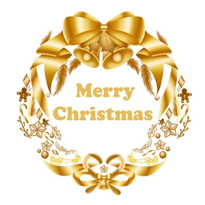Golden Christmas wreath static window sticker with bells, stars and Merry Christmas greeting