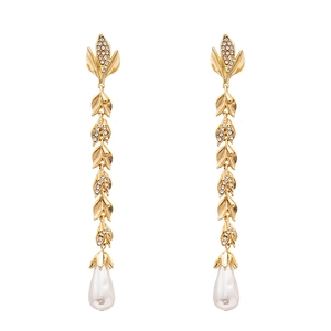Metallic gold leaf earrings with rhinestones and drop pearls in a long tassel design