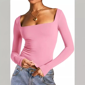 Slim fit pink long sleeve square neck crop top for women made of elastic fabric