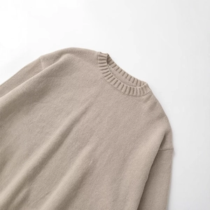 Oatmeal color crewneck knitted sweater with drop shoulder and ribbed collar detail