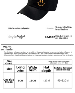 Größentabelle für schwarze Baseballkappe mit Maßen und Baumwoll-Polyester-Spezifikationen