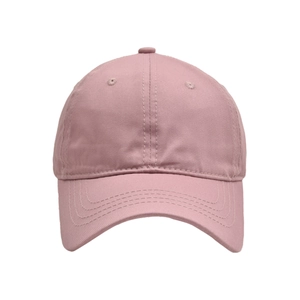 Detailed close-up of a dusty pink cotton baseball cap with curved brim and eyelets