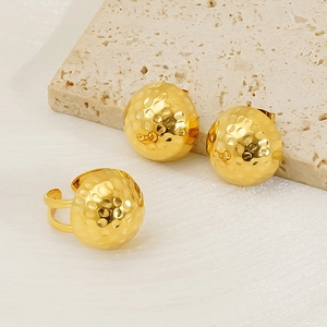 Hammered Texture Round Stud Earrings And Open Ring 18K Gold Plated Stainless Steel Minimalist Jewelry For Women