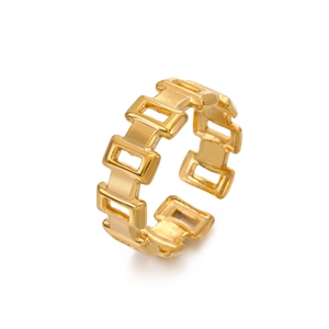 Gold hollow geometric stainless steel open ring with rectangular chain pattern design