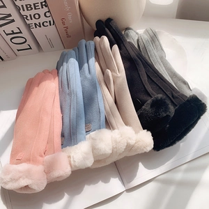 Women's warm winter faux suede gloves with plush fur cuffs in multiple colors