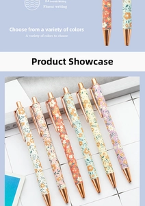 Detail view of colorful floral pattern ballpoint pens with rose gold metal accents