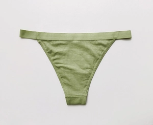 Close-up of light green ribbed cotton texture on these sexy V-cut panties for women