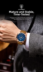 Detail of waterproof quartz watch with blue dial, rose gold case and brown leather strap