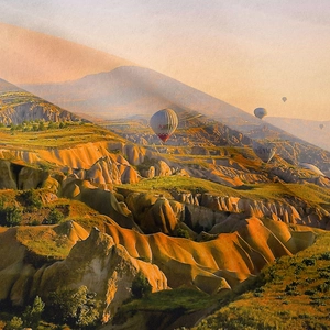 Bohemian tapestry featuring Cappadocia landscape with hot air balloons at sunset