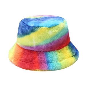 Rainbow tie-dye faux rabbit fur bucket hat with thick plush insulation for winter