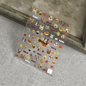 3D embossed nail art stickers featuring cute bulldogs and various food patterns