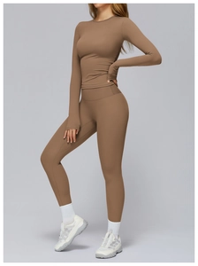 Slim fit mocha brown long sleeve yoga set featuring high waist leggings and brushed fabric
