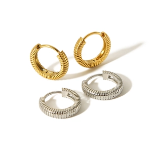 18K gold and silver plated stainless steel hoop earrings with elegant ribbed texture