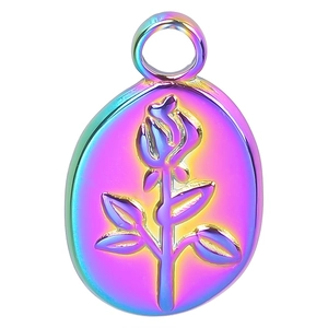 Macro view of oval rose pendant with iridescent 18k plating and embossed flower texture