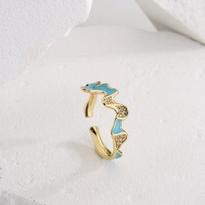 Irregular 18K gold plated wavy open ring with blue enamel and zircon stones
