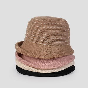 Elegant linen knit bucket hat for women in khaki pink beige and black colors