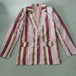Elegante blazer da donna con paillettes a righe colorate, bottoni metallici e revers a lancia