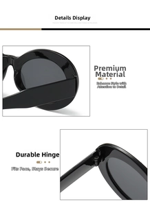 Detailed macro view of large round black sunglasses with reinforced metal hinges