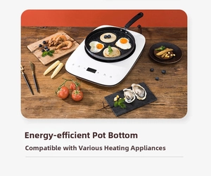 Macro detail of a four-hole non-stick frying pan cooking heart-shaped eggs on a portable stove