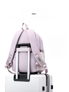 Detail of lavender travel backpack with luggage strap and hidden anti-theft zipper pocket
