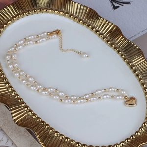 Double-layered natural freshwater pearl necklace with gold heart pendant and crown engraving