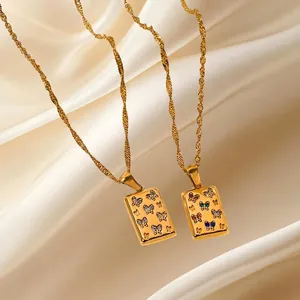 18K gold stainless steel necklace featuring a vintage square pendant with butterfly and crystals